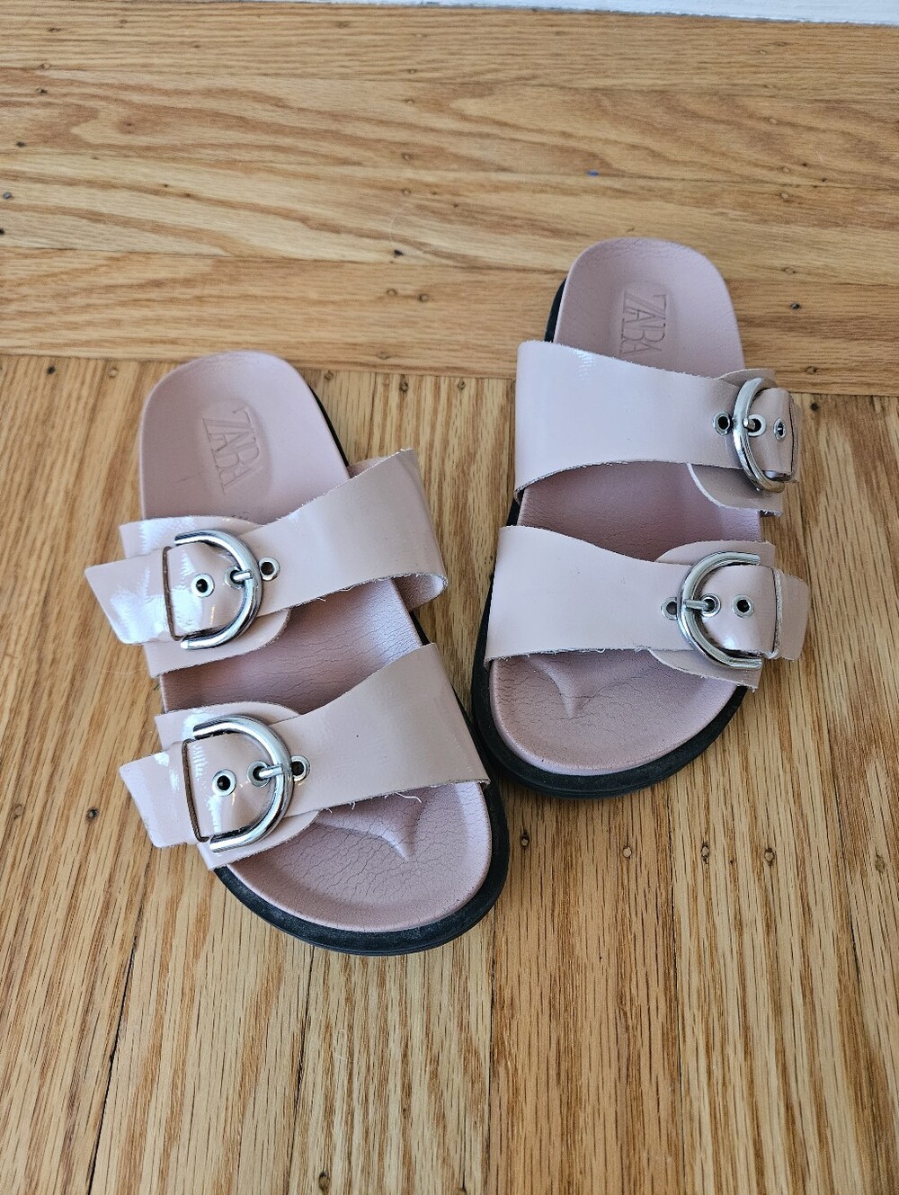 Zara Blush Patent Double-Buckle Slide Sandals EU31 Or US 1